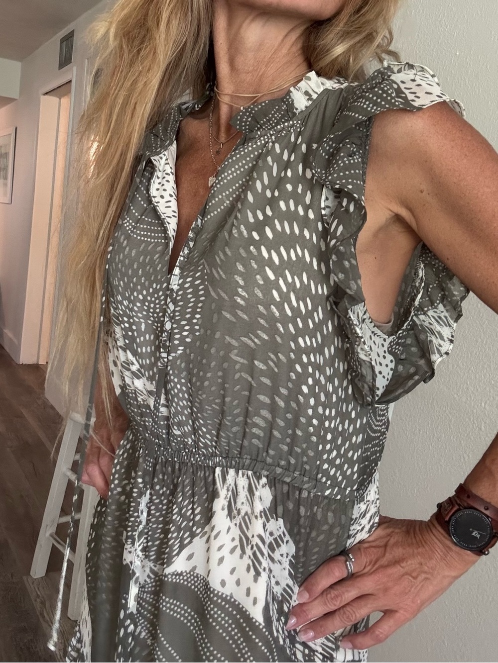 Philosophy Khaki-Gray and White Printed Midi Dress M